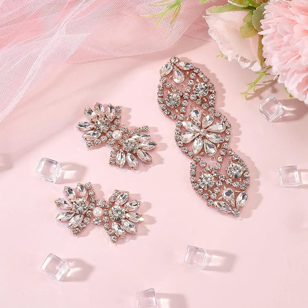 FINGERINSPIRE 3Pcs 2 Style Glitter Hotfix Rhinestone Applique Rose Gold Iron on/Sew Rhinestone Patch Flower Shape Applique Patch for Wedding Dress, Bridal Headpiece, Belt, Shoes or Bags