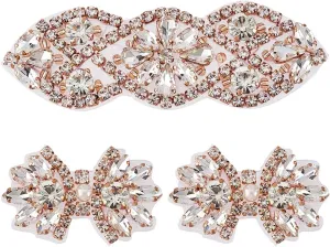 FINGERINSPIRE 3Pcs 2 Style Glitter Hotfix Rhinestone Applique Rose Gold Iron on/Sew Rhinestone Patch Flower Shape Applique Patch for Wedding Dress, Bridal Headpiece, Belt, Shoes or Bags