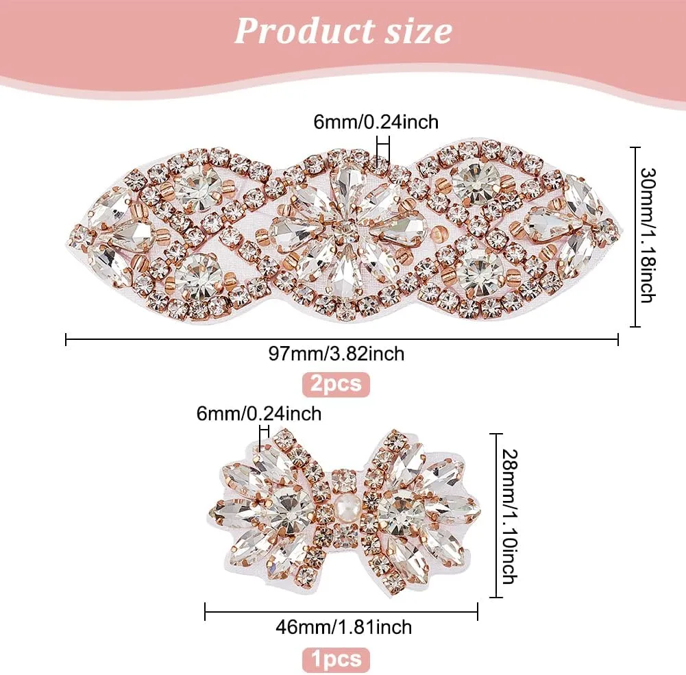 FINGERINSPIRE 3Pcs 2 Style Glitter Hotfix Rhinestone Applique Rose Gold Iron on/Sew Rhinestone Patch Flower Shape Applique Patch for Wedding Dress, Bridal Headpiece, Belt, Shoes or Bags