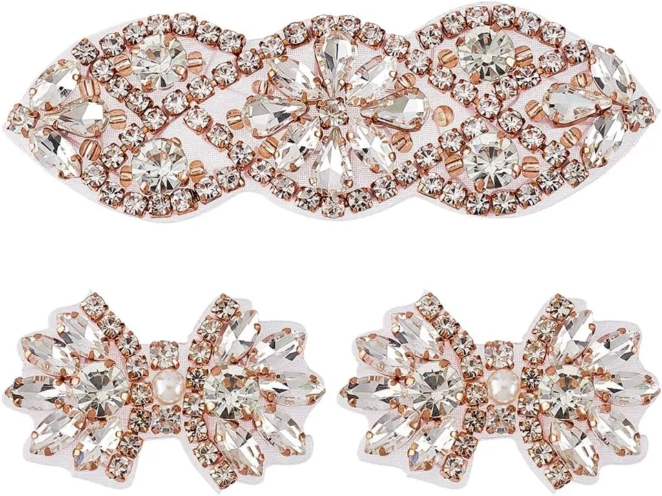 FINGERINSPIRE 3Pcs 2 Style Glitter Hotfix Rhinestone Applique Rose Gold Iron on/Sew Rhinestone Patch Flower Shape Applique Patch for Wedding Dress, Bridal Headpiece, Belt, Shoes or Bags