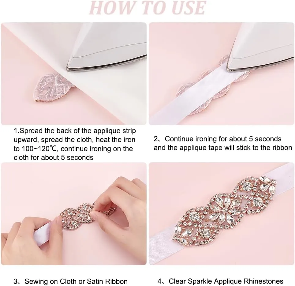FINGERINSPIRE 3Pcs 2 Style Glitter Hotfix Rhinestone Applique Rose Gold Iron on/Sew Rhinestone Patch Flower Shape Applique Patch for Wedding Dress, Bridal Headpiece, Belt, Shoes or Bags