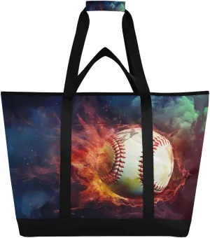 Fire Baseball Reusable Insulated Lunchbox Cooler Bag, Leakproof Kitchen Grocery Bag Collapsible Portable Cooler Tote Bag for Picnic, Camping, Office, Travel