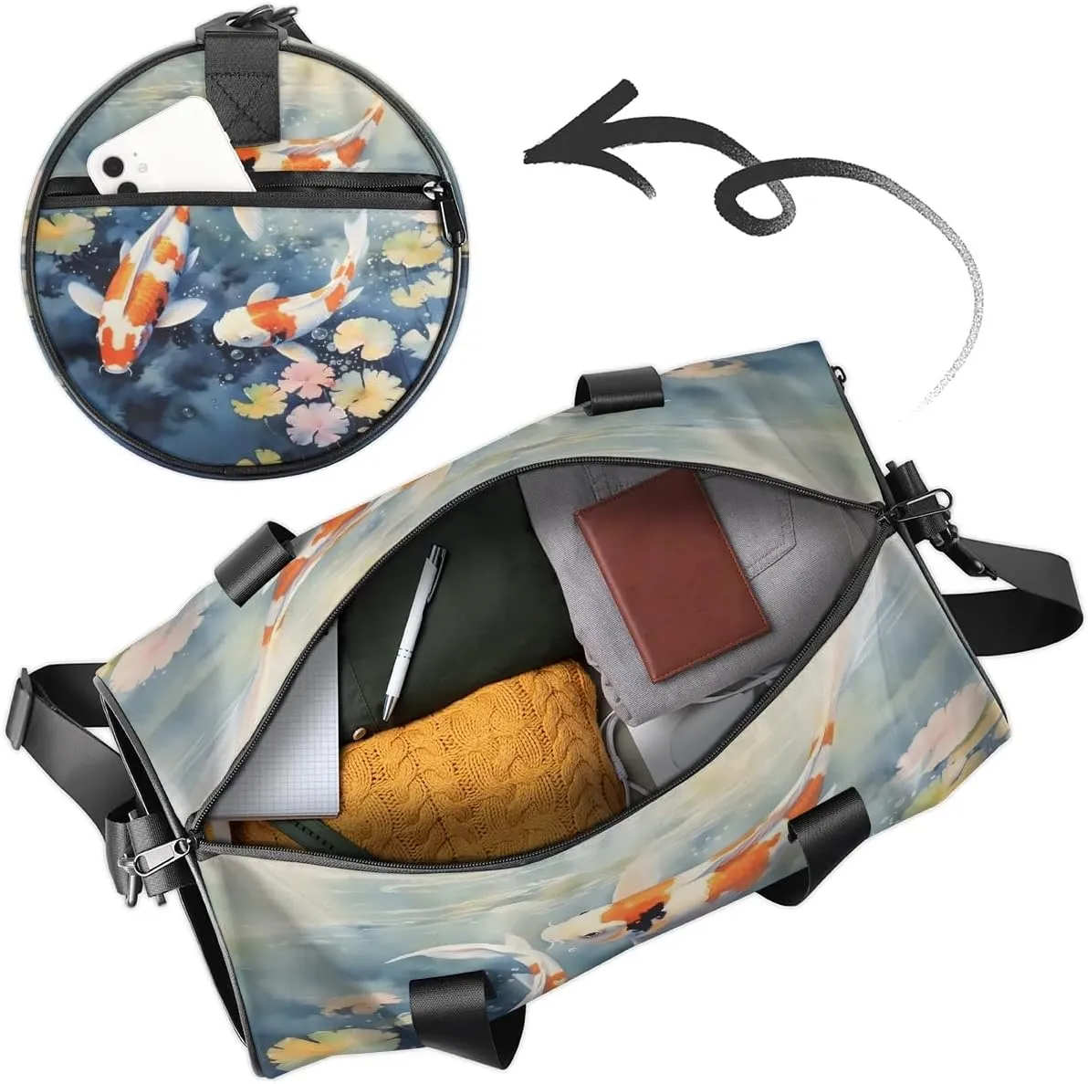 Fish Pond Gym Bag for Women Men Lightweight Weekender Travel Bag Stylish Duffle Bag for Gym Travel Overnight Carry On
