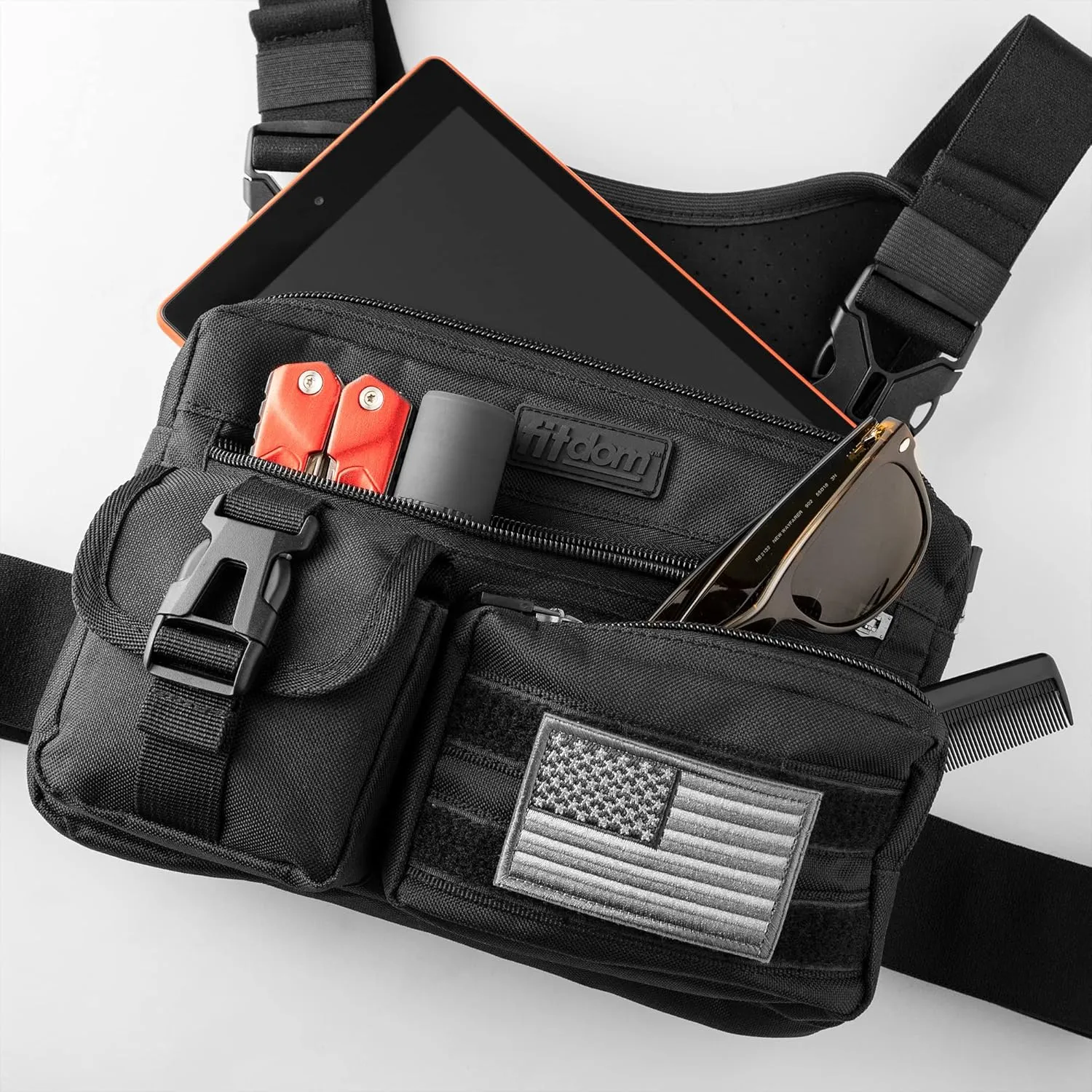 Fitdom Tactical Inspired Sports Utility Chest Pack. Chest Bag For Men With Built-In Phone Holder. This EDC Rig Pouch Vest is Perfect For Workouts, Cycling & Hiking