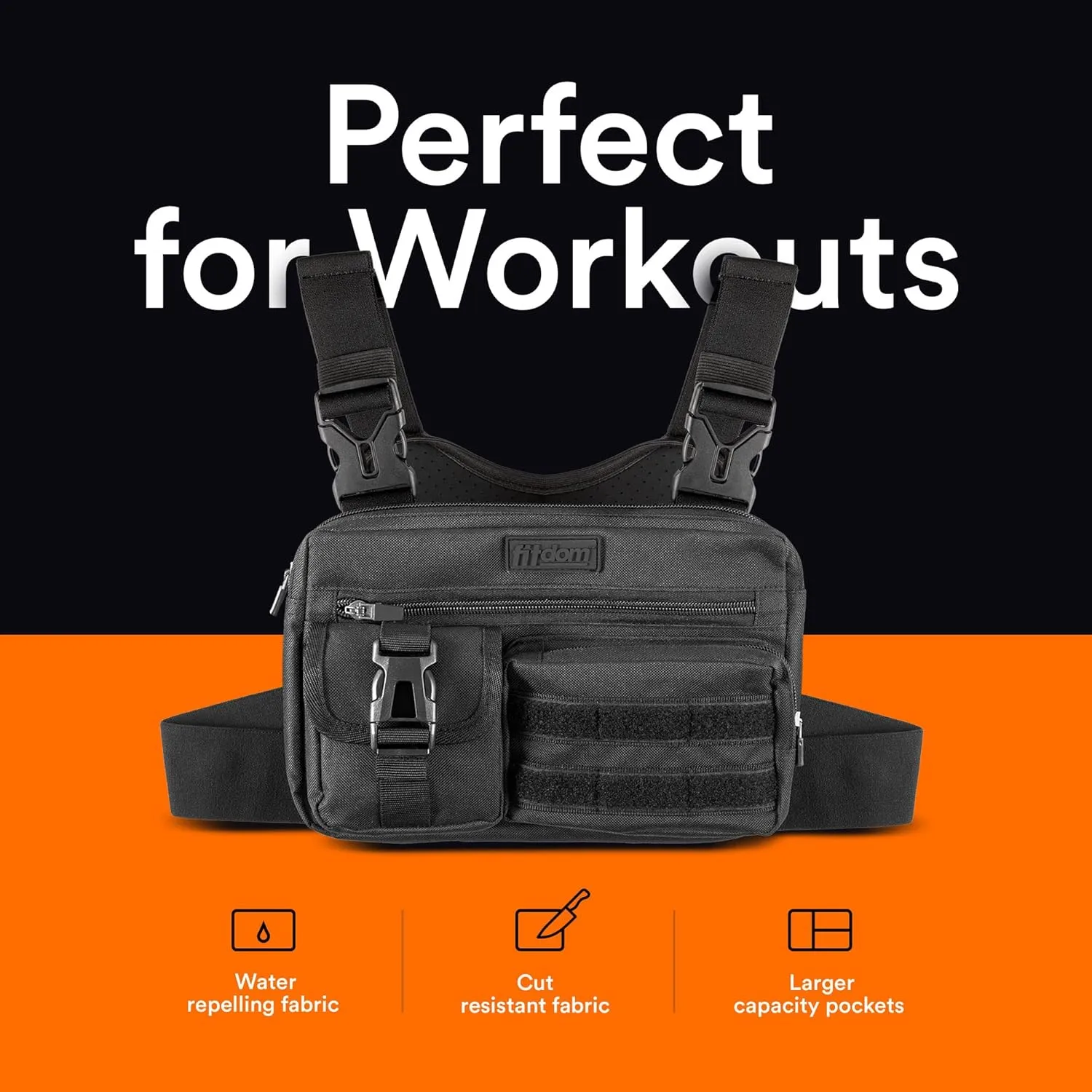 Fitdom Tactical Inspired Sports Utility Chest Pack. Chest Bag For Men With Built-In Phone Holder. This EDC Rig Pouch Vest is Perfect For Workouts, Cycling & Hiking