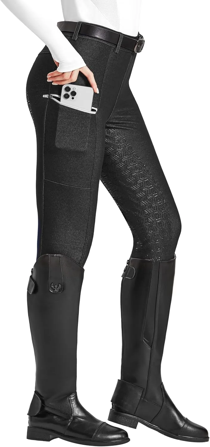 FitsT4 Sports Women's Denim Riding Breeches with Pockets Full Seat Horseback Riding Pants Equestrian Breeches for Women