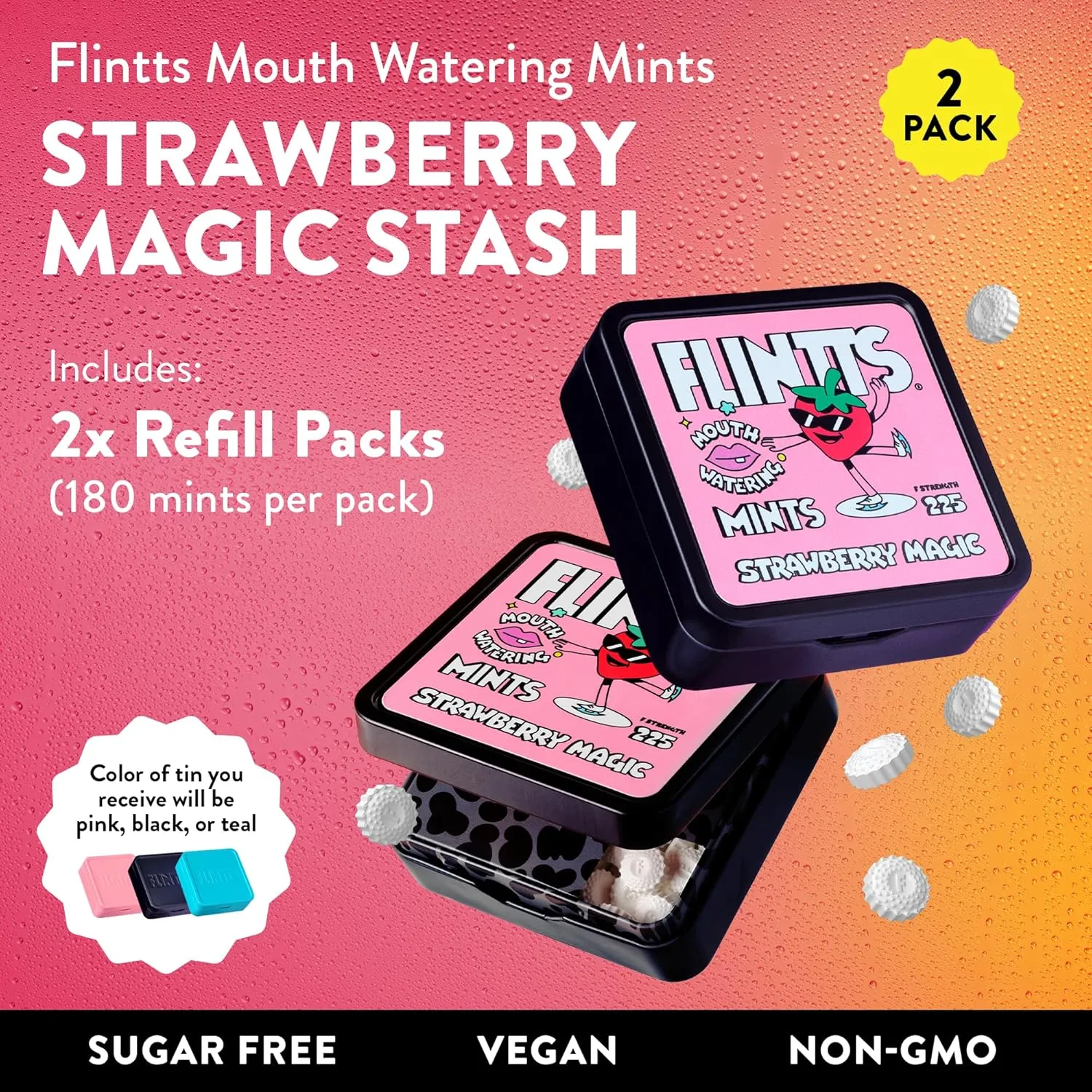 Flintts Mints Strawberry Stash (2x Refill Strawberry Magic) - Sugar Free & Vegan, Mouth Watering Breath Freshener Mints for Oral Health - Healthy Candy Alternative - Pocket Size - Dry Mouth Products