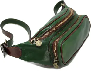 Floto Leather Fanny Pack Daypack Waist Bag Belly Belt Bag (Green and Brown)