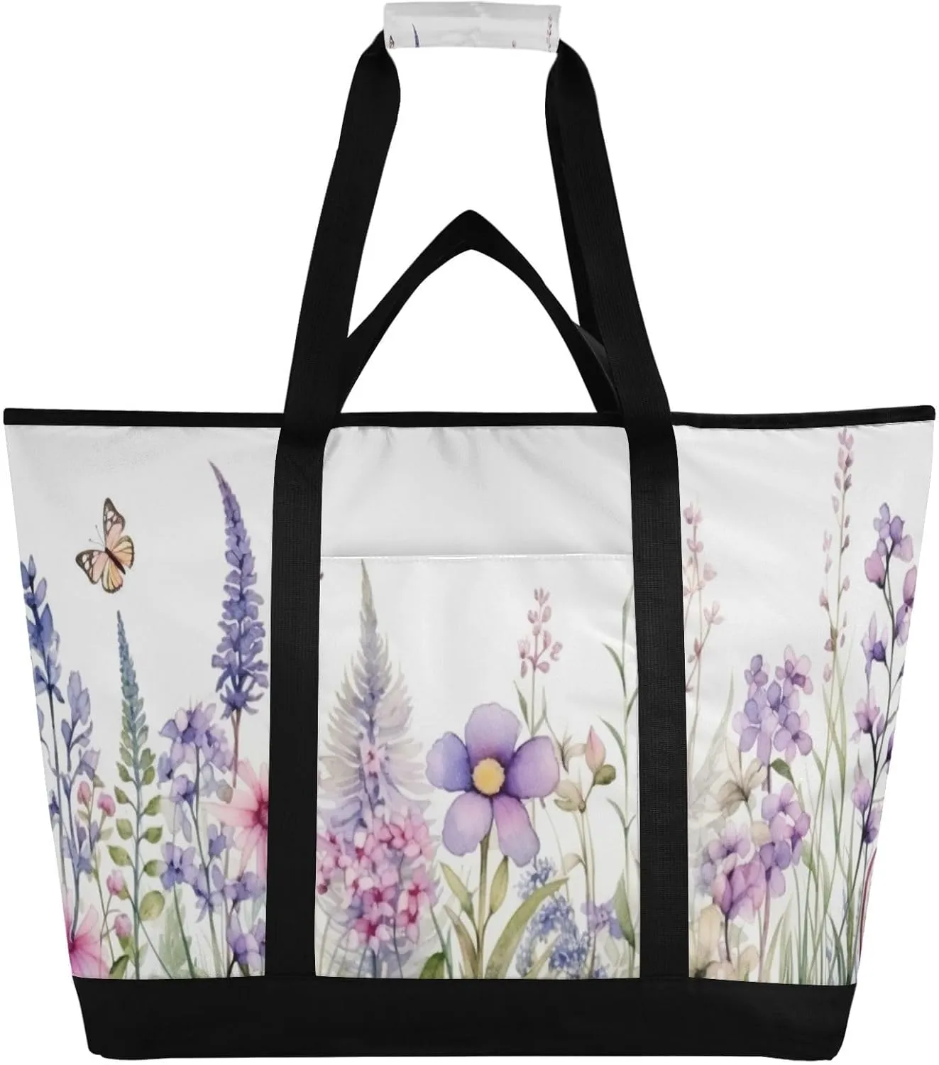 Flowers Butterfly Reusable Insulated Lunchbox Cooler Bag, Leakproof Kitchen Grocery Bag Collapsible Portable Cooler Tote Bag for Picnic, Camping, Office, Travel