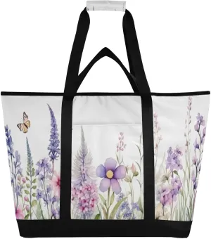 Flowers Butterfly Reusable Insulated Lunchbox Cooler Bag, Leakproof Kitchen Grocery Bag Collapsible Portable Cooler Tote Bag for Picnic, Camping, Office, Travel