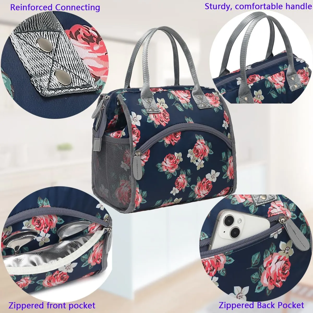 FlowFly Insulated Lunch Bag for Women, Men, Large and Reusable, Handle, Work and Travel Tote and Meal Prep Organizer, Rose