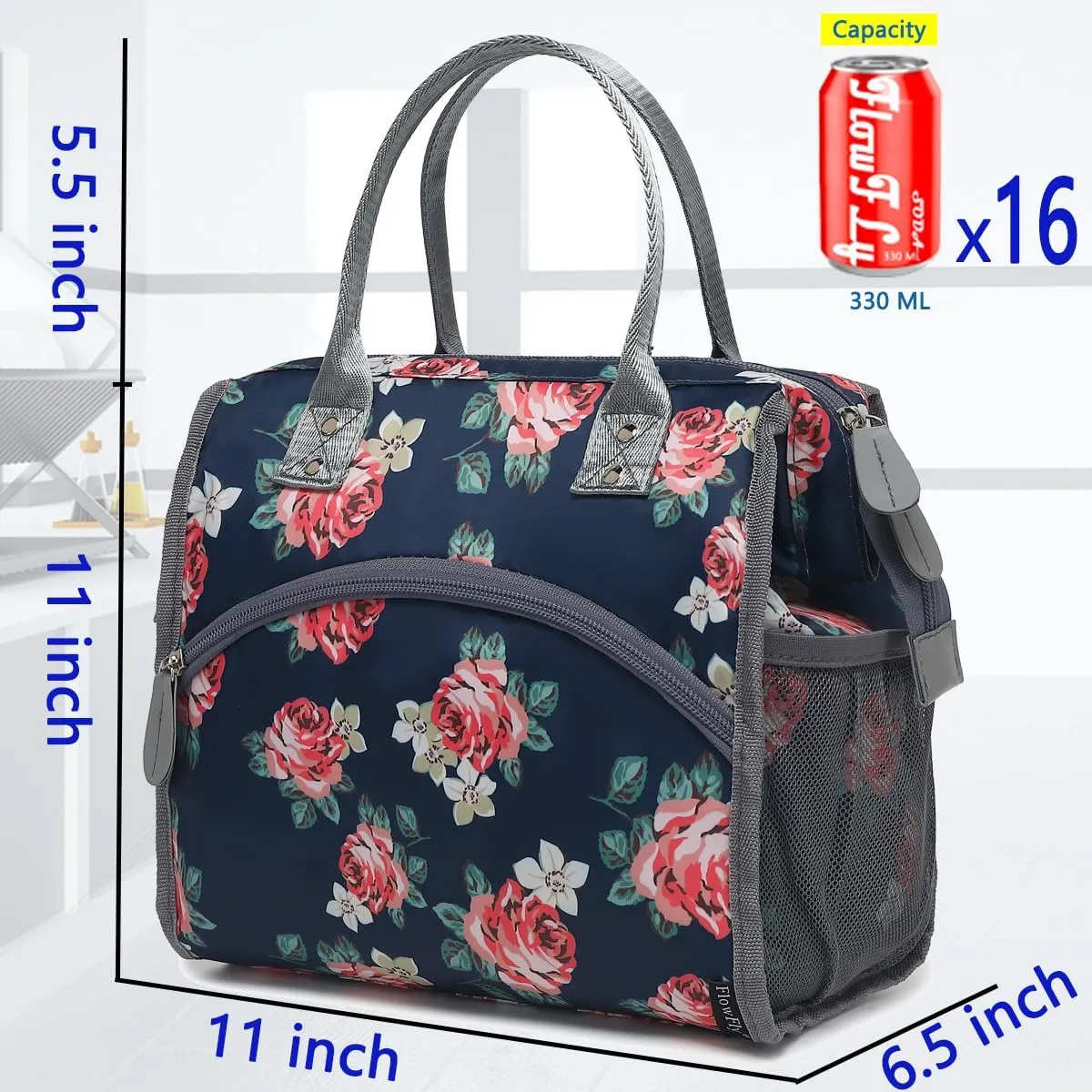 FlowFly Insulated Lunch Bag for Women, Men, Large and Reusable, Handle, Work and Travel Tote and Meal Prep Organizer, Rose