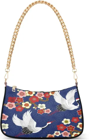 Flying Cranes Shoulder Handbags for Women Travel Birds Hobo Tote Handbag Women Gold Chain Shoulder Bags Purse with Zipper Closure