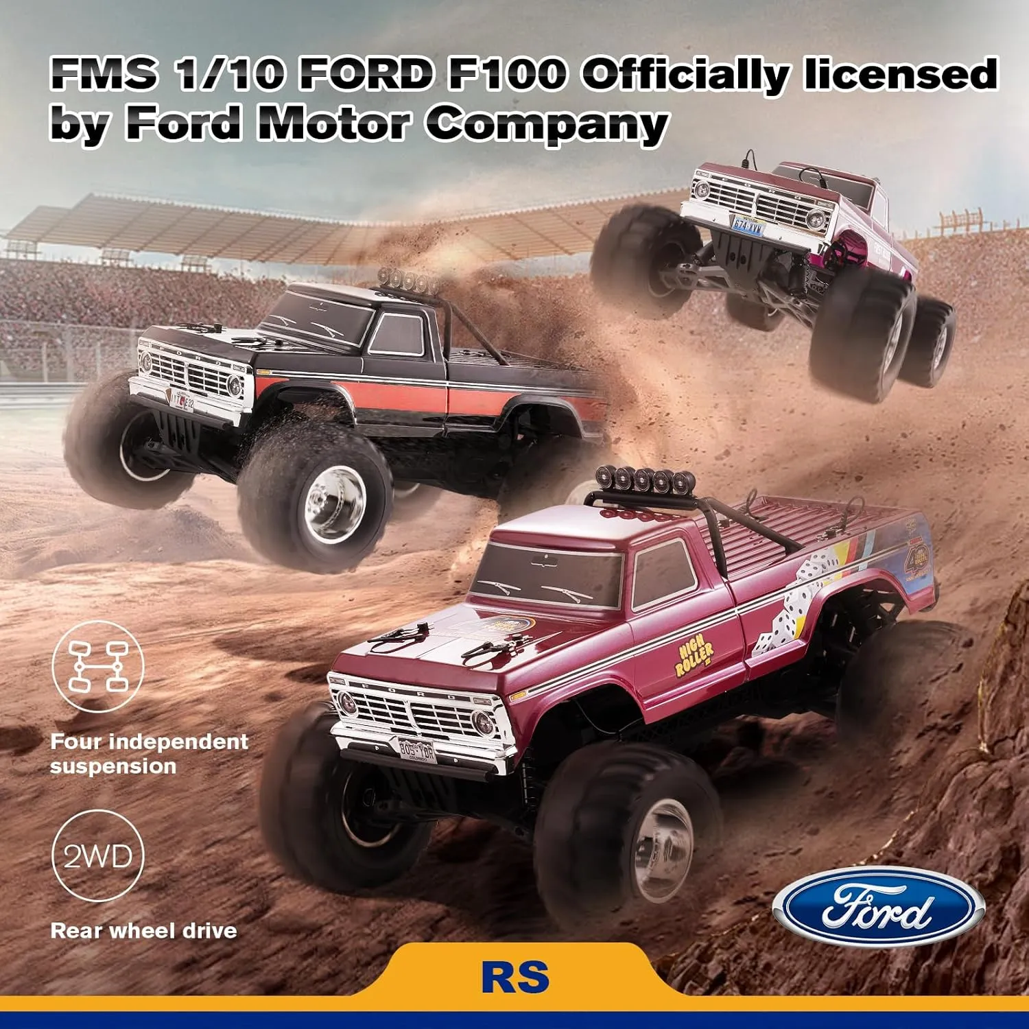 FMS 1/10 RC Truck Ford F100 – 2WD Monster Truck with Licensed Body, 550 Brushed Motor, Oil Shocks, Independent Suspension – All-Terrain RC Crawler, High Speed Off-Road RC Car for gift (FIRST BLOOD RS)