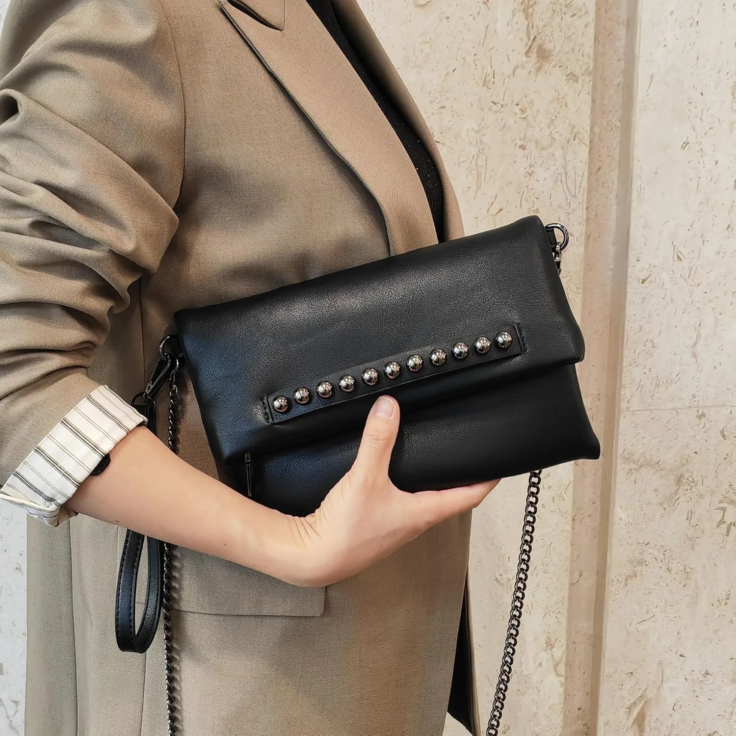 Fold-Over Women Clutch Purse Beaded PU Leather Chain Crossbody Bag Female Envelope Evening Bags