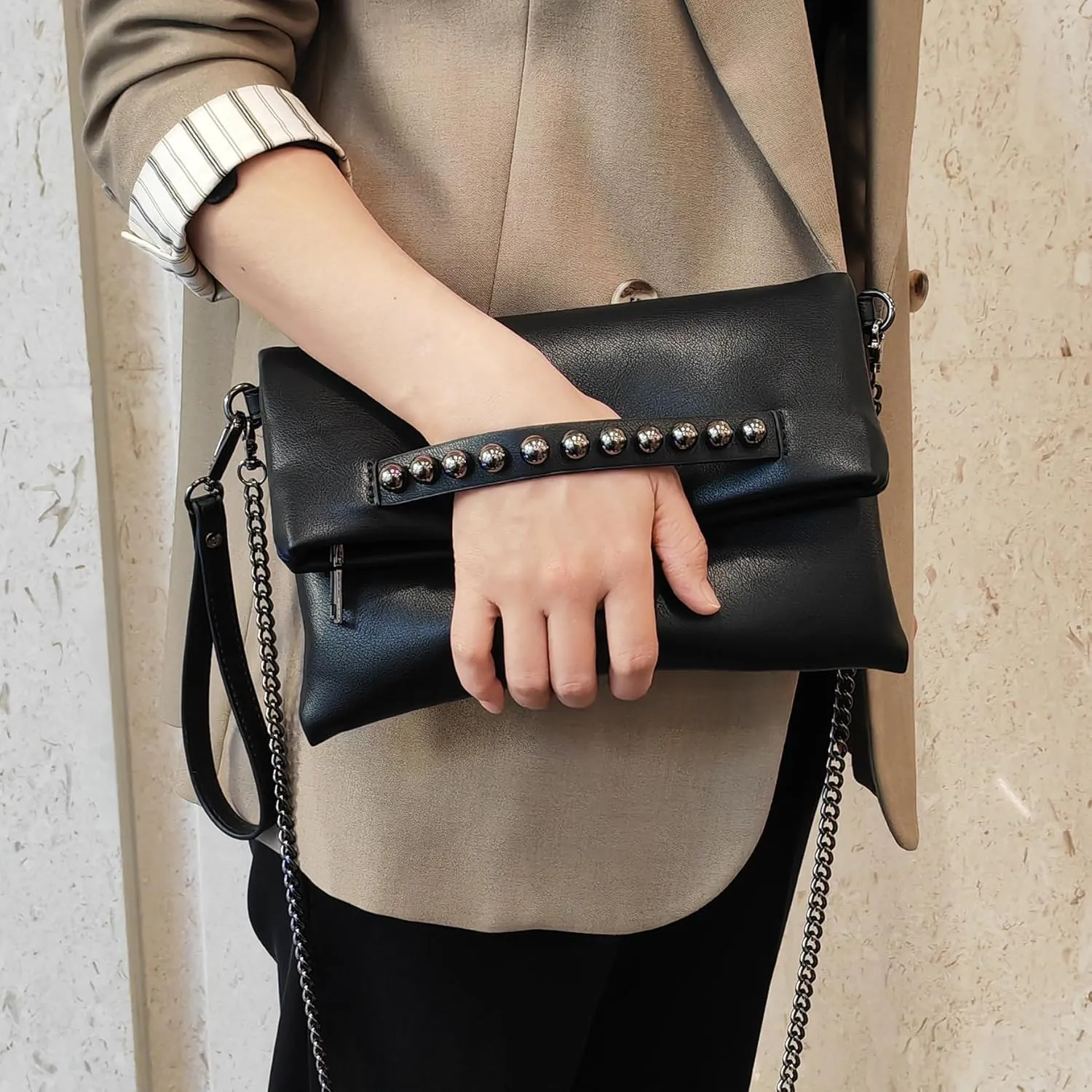 Fold-Over Women Clutch Purse Beaded PU Leather Chain Crossbody Bag Female Envelope Evening Bags
