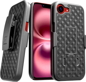 for Apple iPhone 16e Case with Belt Clip Holster, Kickstand Slim Cover Phone Case for iPhone 16e - Black