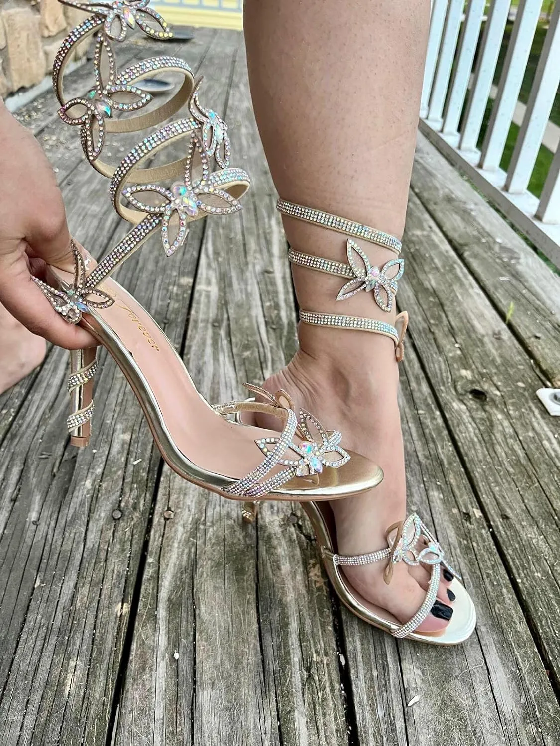 Forever Link Women Rhinestone Butterfly Wrap up Stiletto Heel Sandals