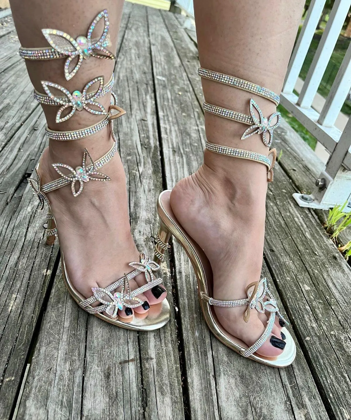 Forever Link Women Rhinestone Butterfly Wrap up Stiletto Heel Sandals