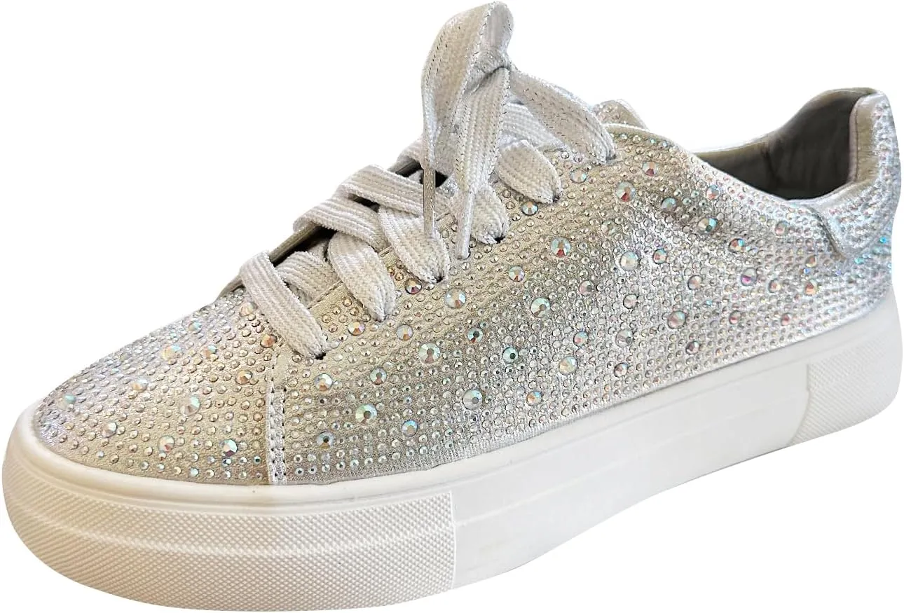 Forever Link Women Round Toe Rhinestone Crystal Embellished Lace Up Sneakers