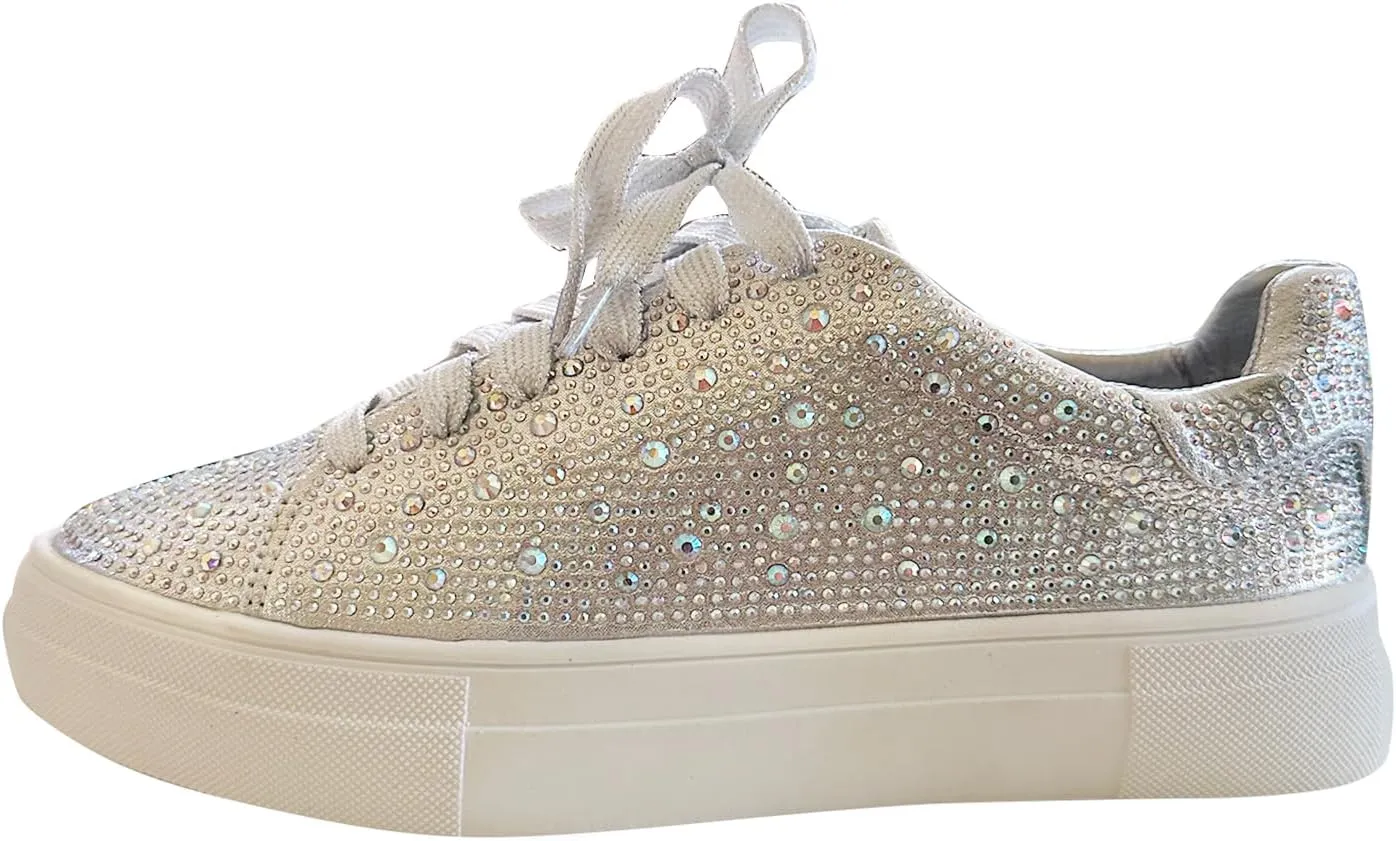 Forever Link Women Round Toe Rhinestone Crystal Embellished Lace Up Sneakers