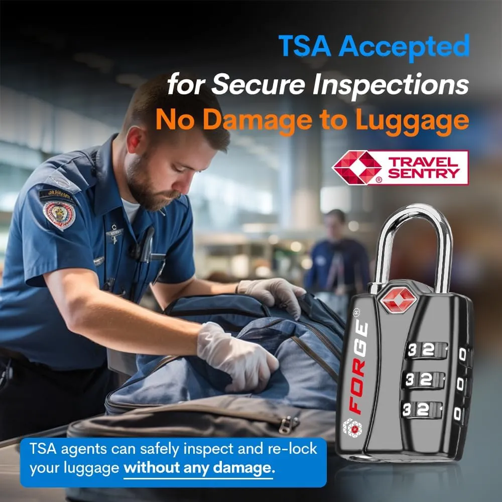Forge TSA Luggage Combination Lock - Open Alert Indicator, Easy Read Dials, Alloy Body- Ideal for Travel, Lockers, Bags (Black 4PK)