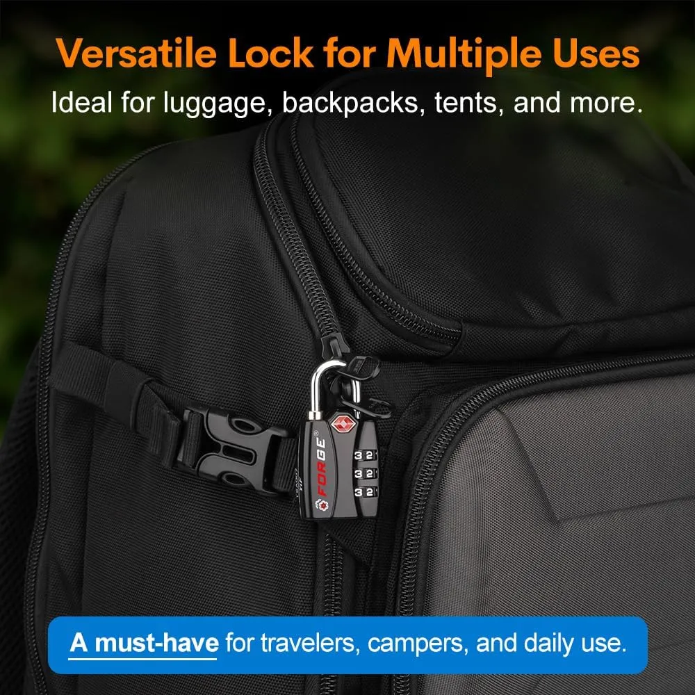 Forge TSA Luggage Combination Lock - Open Alert Indicator, Easy Read Dials, Alloy Body- Ideal for Travel, Lockers, Bags (Black 4PK)
