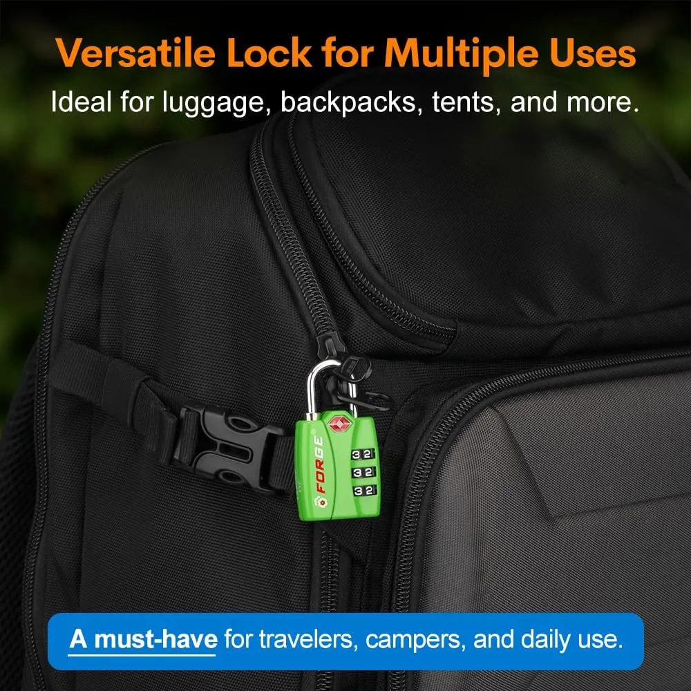 Forge TSA Luggage Combination Lock - Open Alert Indicator, Easy Read Dials, Alloy Body- Ideal for Travel, Lockers, Bags (Green 4PK)
