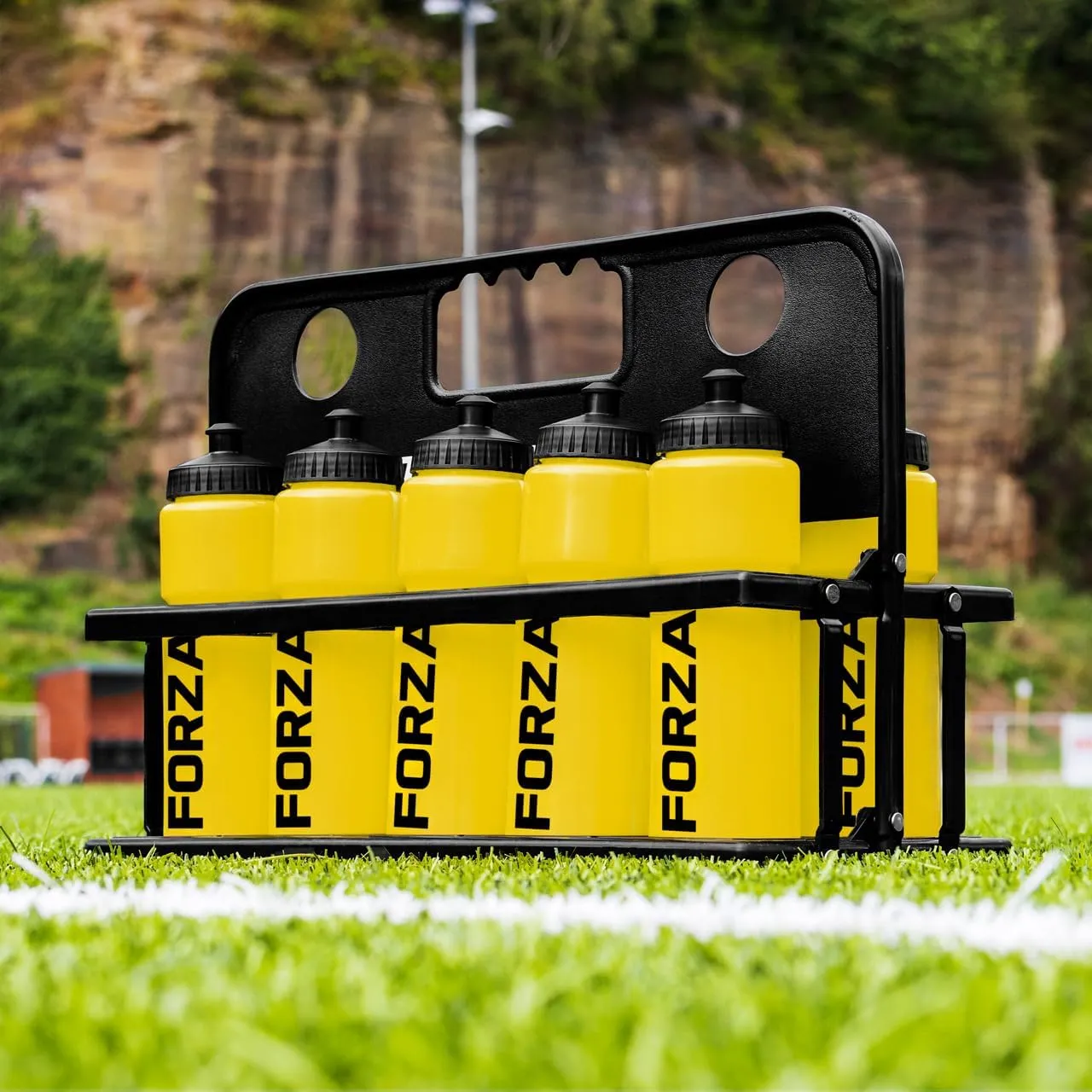 FORZA Team Sports Water Bottles | 25oz Capacity with Portable Carry Bag or Foldable Carrier - BPA-Free Plastic for Hydration on the Go (Foldable Carrier, Yellow)