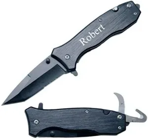 Free Engraving - Quality All Black Pocket Half Serrated Pocket Knife