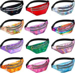 Frienda 12 Pieces Holographic Fanny Packs for Women Kids, Metallic Color Sport Waistbags Shiny Waist Pack with Adjustable Belts for 80s Rave Outdoor Activities (3 Pouches)