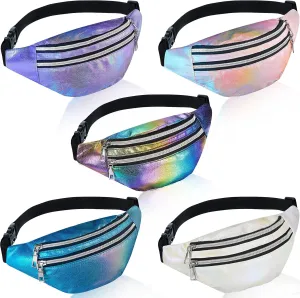 Frienda 5 Pieces 80s 90s Holographic Fanny Packs for Women, Fanny Waist Packs Metallic Color Clear African Camping Sport Waistbag for Women Men