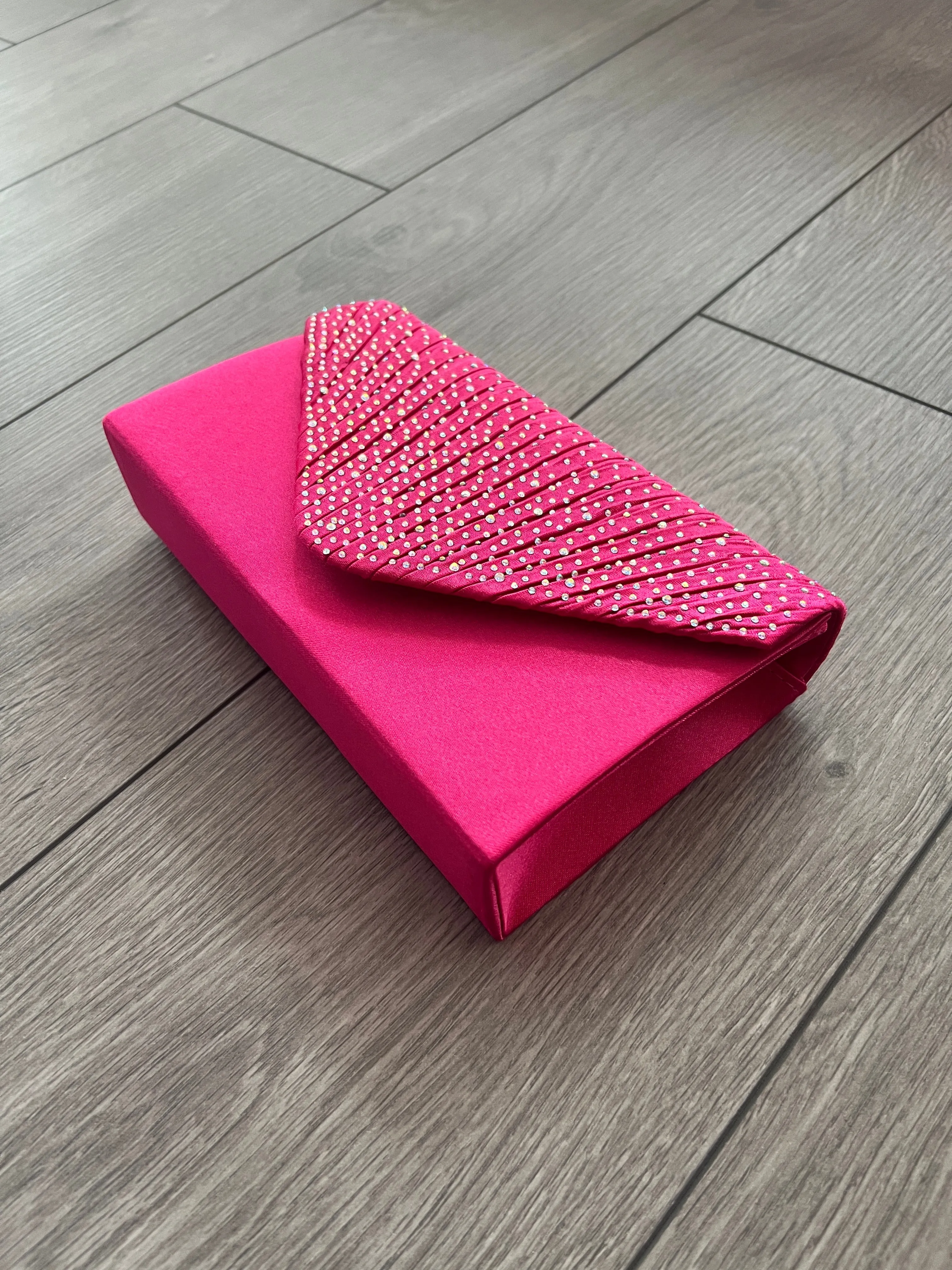 Fuchsia Pink Envelope Clutch Bag with Rhinestones
