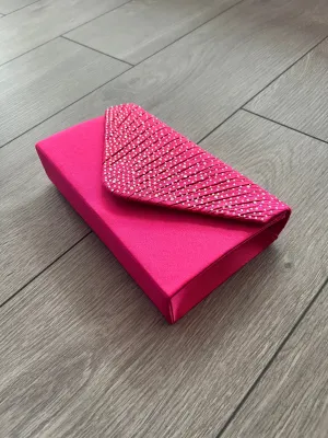 Fuchsia Pink Envelope Clutch Bag with Rhinestones