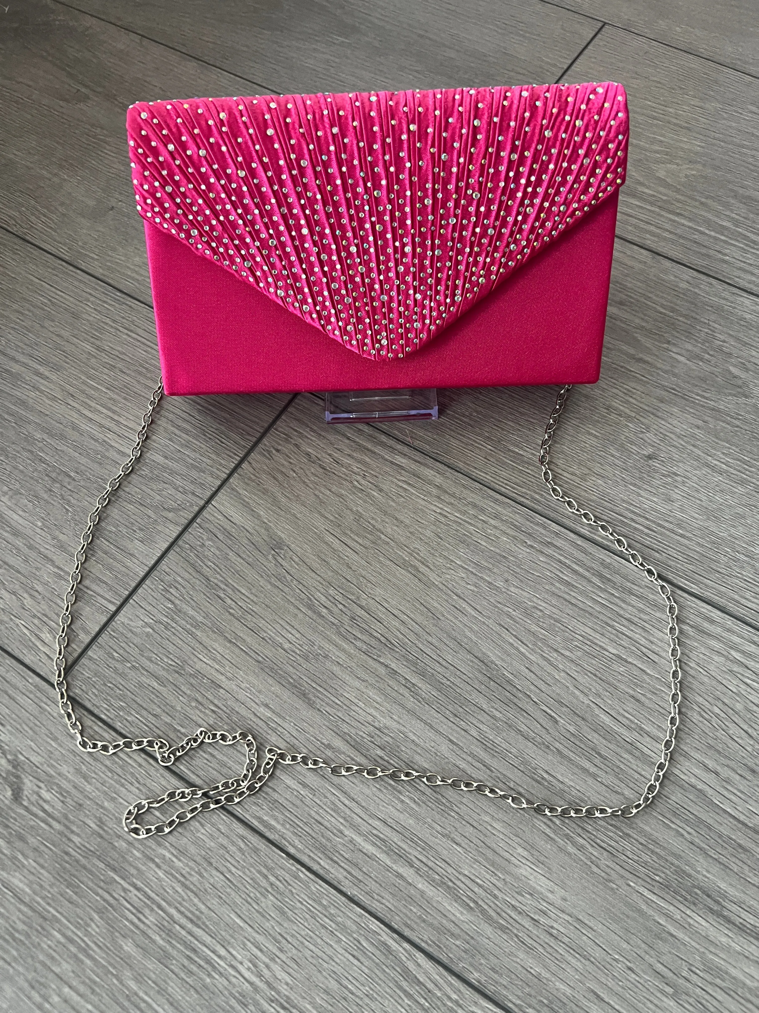 Fuchsia Pink Envelope Clutch Bag with Rhinestones