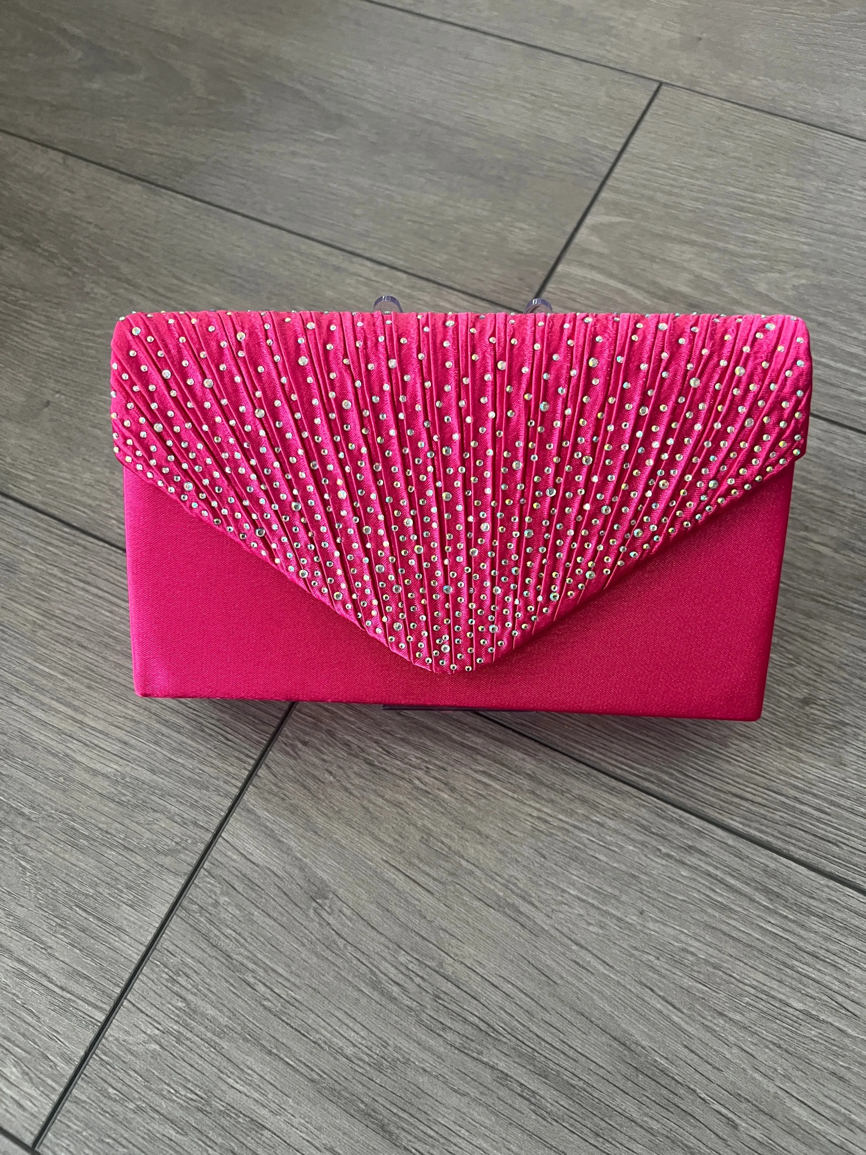Fuchsia Pink Envelope Clutch Bag with Rhinestones