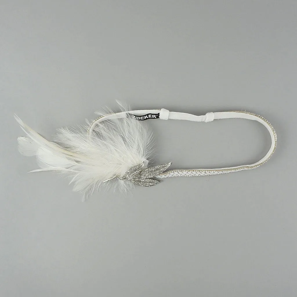 Gatsby Feather Headband w/Rhinestone Leaf - White and Silver