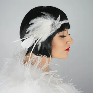 Gatsby Feather Headband w/Rhinestone Leaf - White and Silver
