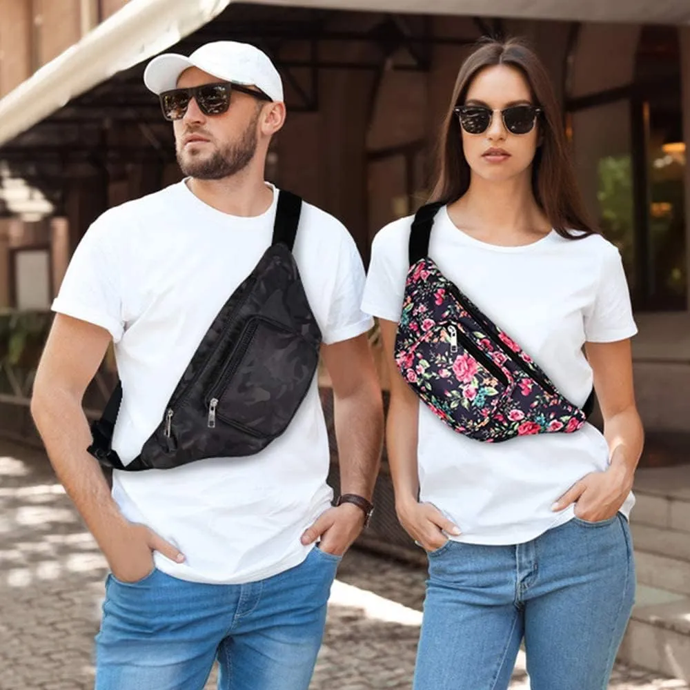 Geestock Fanny Packs for Women, Fashion Printed Waist Bag with Adjustable Strap Waterproof Everywhere Crossbody Belt Bag for Festival, Outdoor Workout, Travel (Navyblue & Flower)