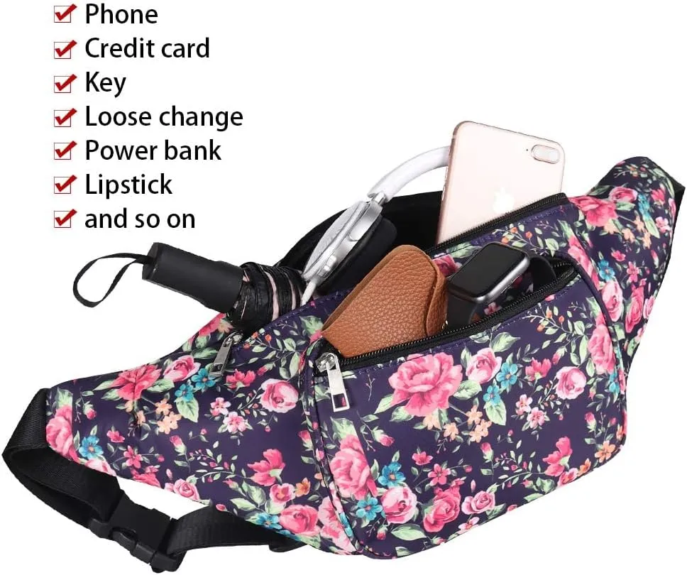 Geestock Fanny Packs for Women, Fashion Printed Waist Bag with Adjustable Strap Waterproof Everywhere Crossbody Belt Bag for Festival, Outdoor Workout, Travel (Navyblue & Flower)