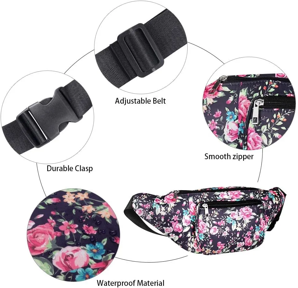 Geestock Fanny Packs for Women, Fashion Printed Waist Bag with Adjustable Strap Waterproof Everywhere Crossbody Belt Bag for Festival, Outdoor Workout, Travel (Navyblue & Flower)