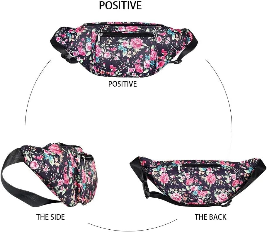 Geestock Fanny Packs for Women, Fashion Printed Waist Bag with Adjustable Strap Waterproof Everywhere Crossbody Belt Bag for Festival, Outdoor Workout, Travel (Navyblue & Flower)