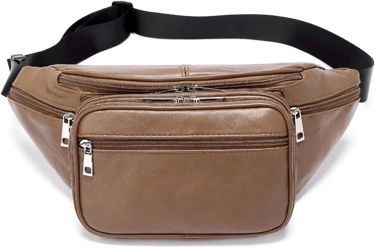 Genuine Leather Large 7 Pocket Waist Pack with Organizer, Card Slots -Brown