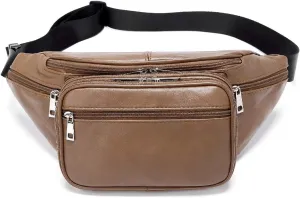 Genuine Leather Large 7 Pocket Waist Pack with Organizer, Card Slots -Brown