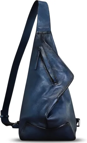 Genuine Leather Sling Bag Retro Crossbody Backpack Handmade Chest Shoulder Daypack Purse Fanny Packs (Navy)