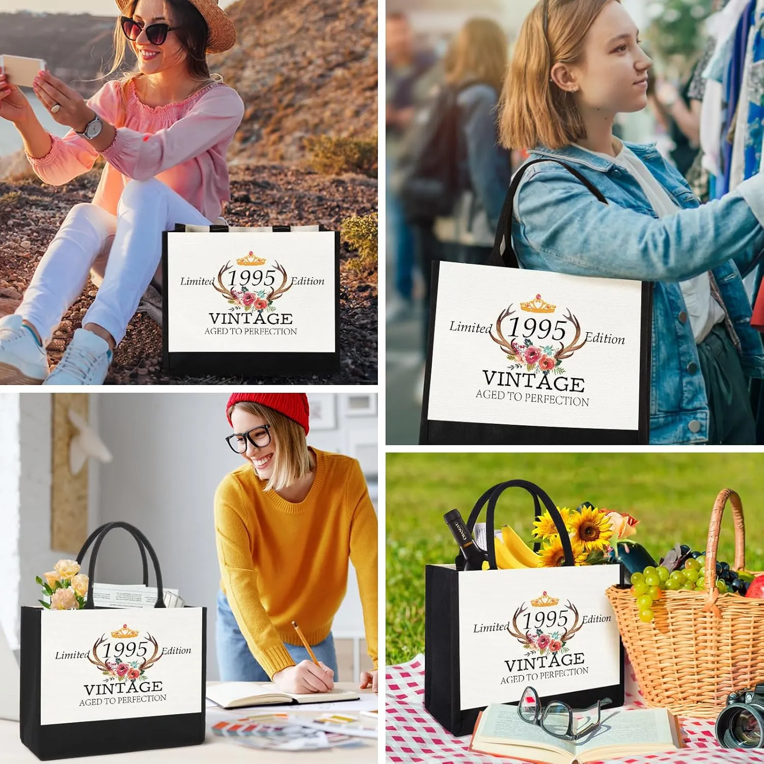 GevGuxLuo 30th Birthday Gifts for Women Canvas Tote Bag, 30 Years Old Birthday Gifts for Mom Wife Aunt Friends Her,Turning 30 Beach Bag Reusable Grocery Bag 1995 Women Tote Bag