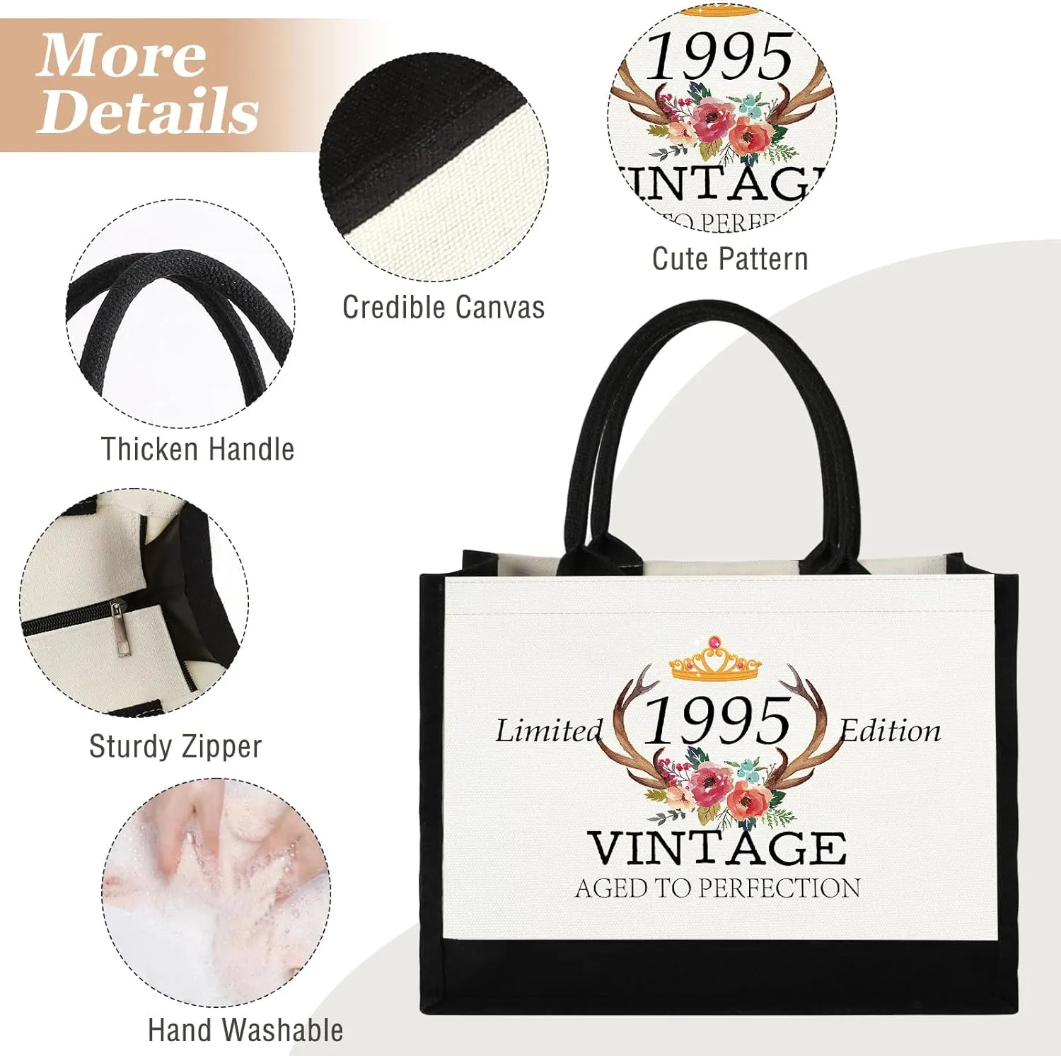 GevGuxLuo 30th Birthday Gifts for Women Canvas Tote Bag, 30 Years Old Birthday Gifts for Mom Wife Aunt Friends Her,Turning 30 Beach Bag Reusable Grocery Bag 1995 Women Tote Bag