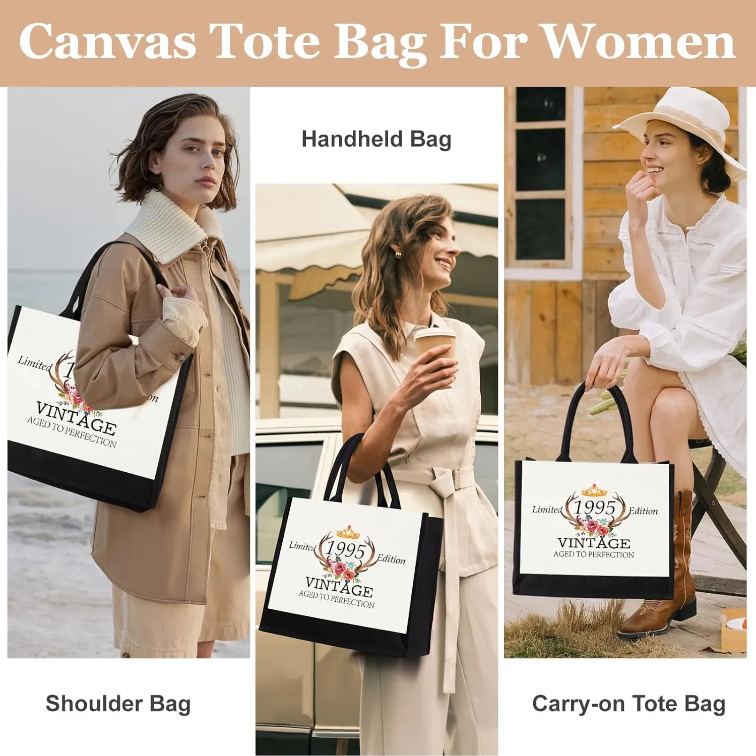 GevGuxLuo 30th Birthday Gifts for Women Canvas Tote Bag, 30 Years Old Birthday Gifts for Mom Wife Aunt Friends Her,Turning 30 Beach Bag Reusable Grocery Bag 1995 Women Tote Bag