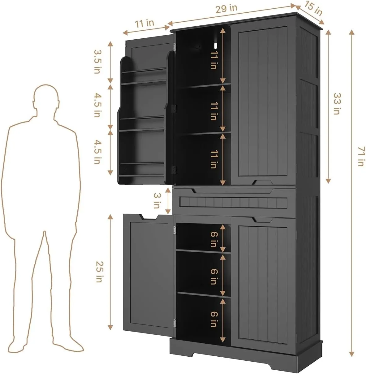 Gizoon 71" Tall Kitchen Pantry Cabinet with Doors and Shelves Large Stand Up Pantry Storage Cabinet with Drawer Large Food Cupboard for Kitchen Bathroom Craft Room, Black