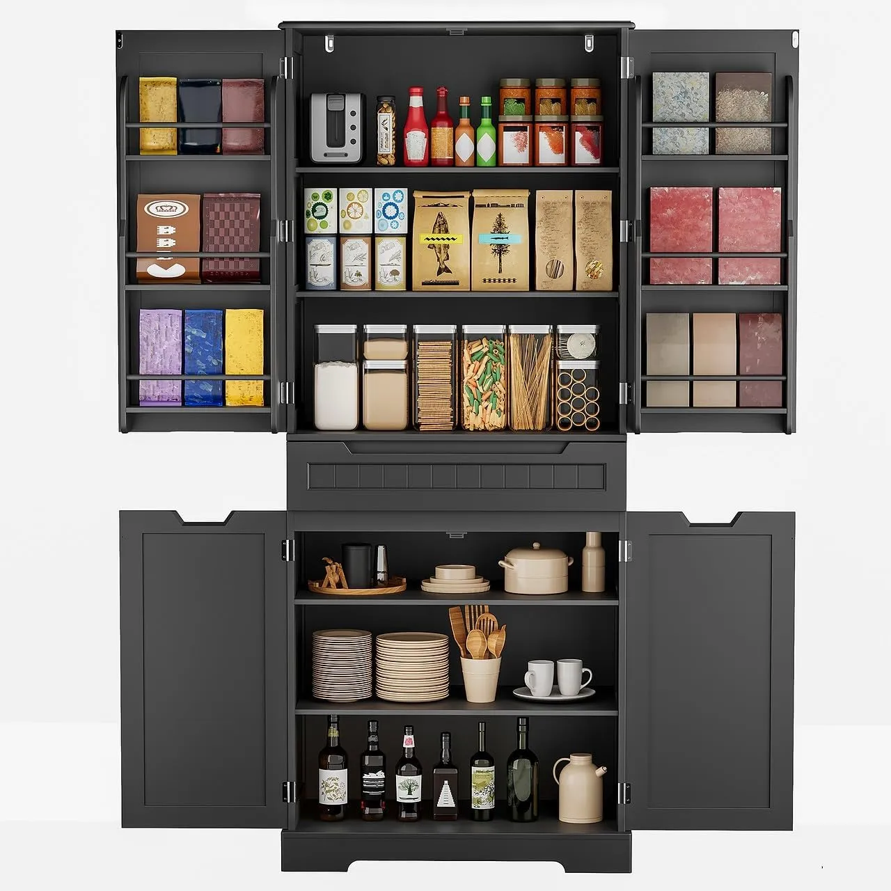 Gizoon 71" Tall Kitchen Pantry Cabinet with Doors and Shelves Large Stand Up Pantry Storage Cabinet with Drawer Large Food Cupboard for Kitchen Bathroom Craft Room, Black